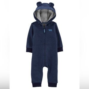 Carter’s Baby Zip Up Hooded Fleece Jumpsuit Blue Stripe 9 months